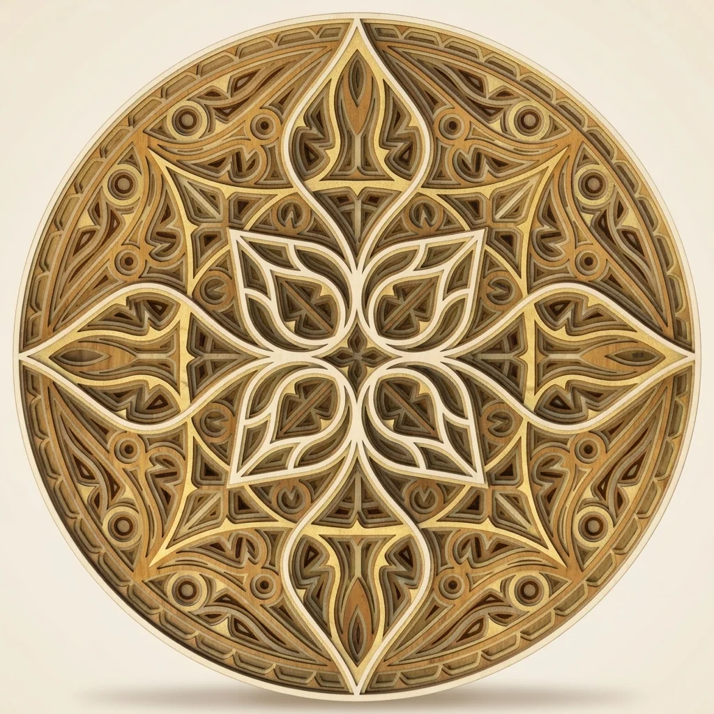 Mandala circular multicapa con pétalos en madera