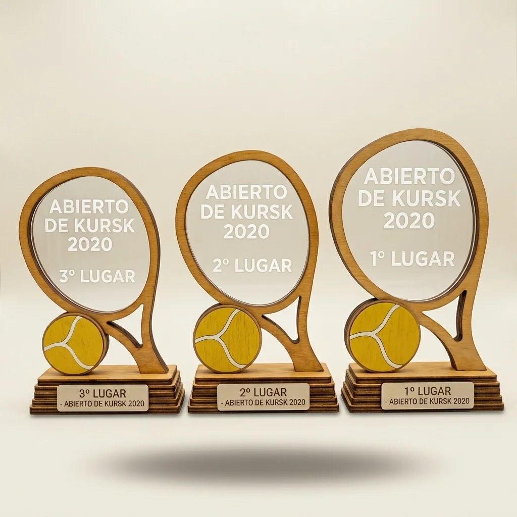 Trofeo de tenis con raqueta y pelota grabada