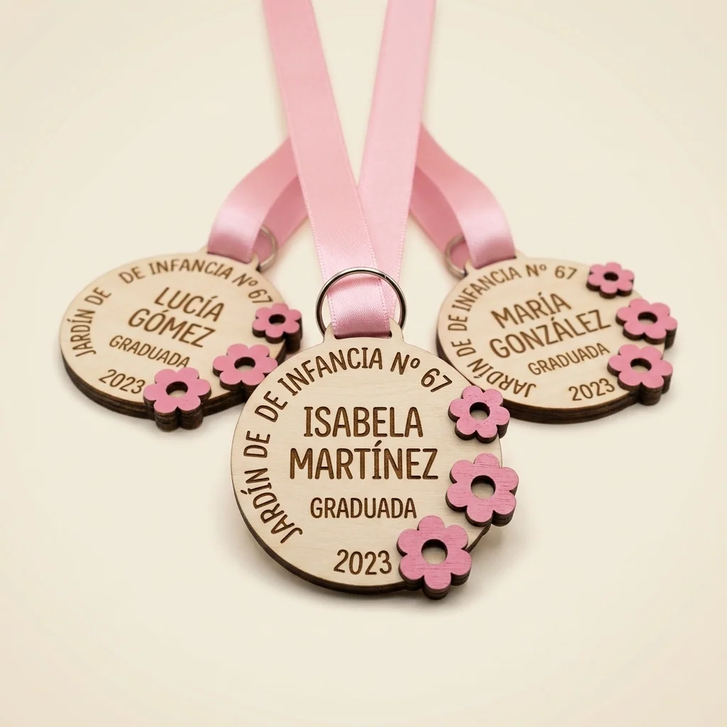 Medallas de graduación rosa con flores y cinta