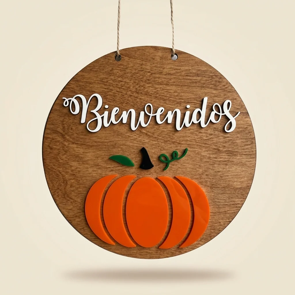 Letrero de bienvenida otoñal con calabaza para puerta