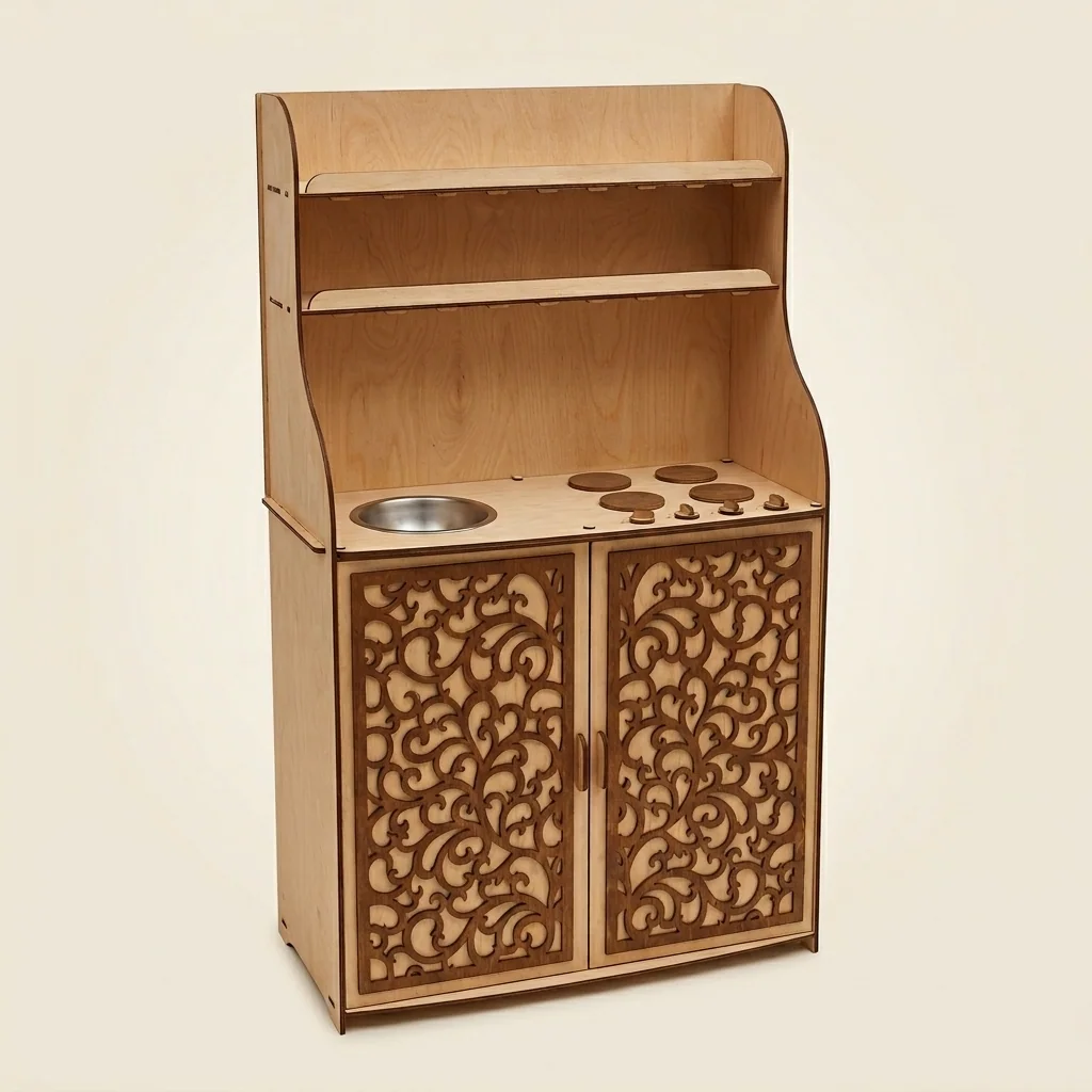 Cocina infantil de madera tipo mueble con detalles calados