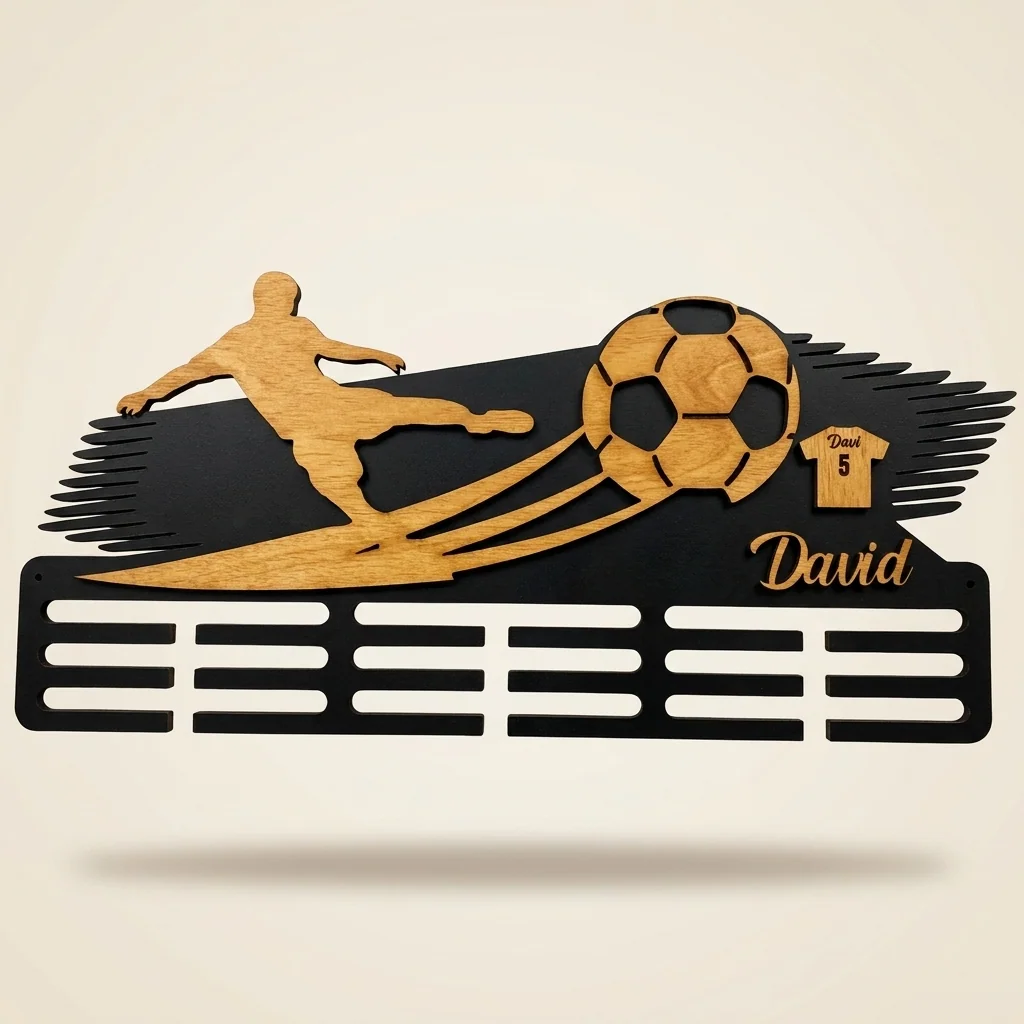 Porta-medallas de fútbol con futbolista, balón y nombre